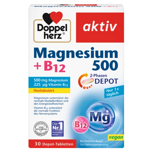 Abbildung der Produktverpackung Doppelherz aktiv Magnesium 500 + B12 Frontansicht